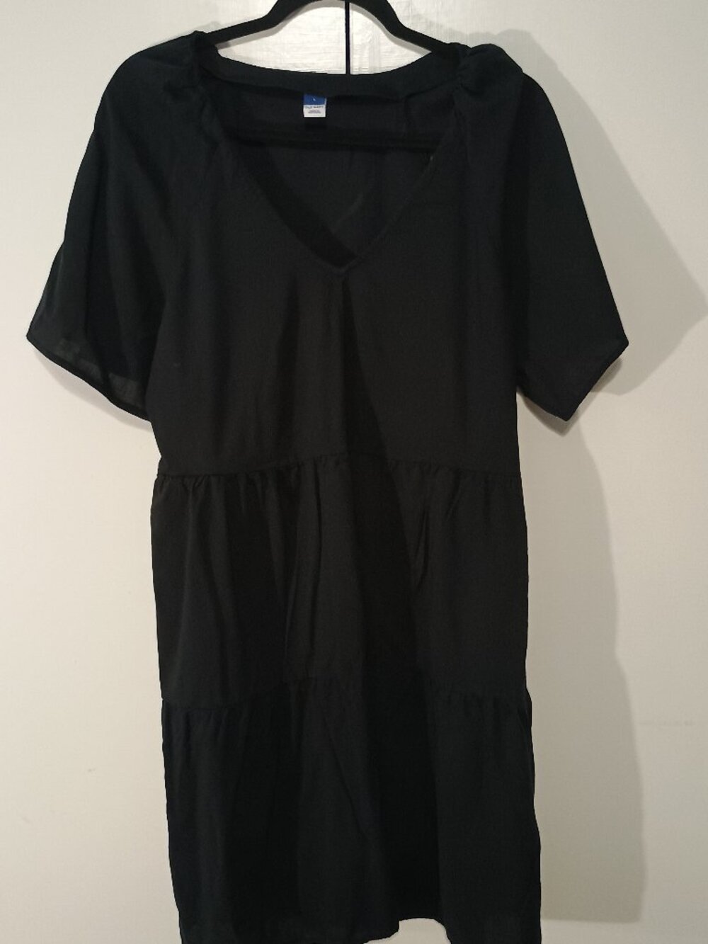 Old Navy Black Tiered Babydoll Dress Women's Large Cotton Rayon Short Sleeve - Picture 2 of 7